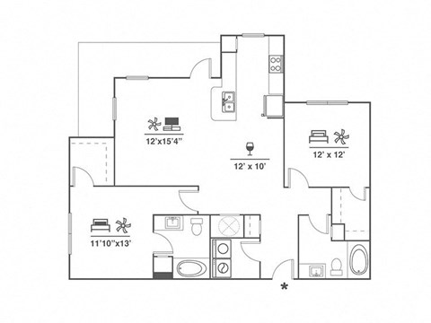 Floor plan for 2 beds, 2 baths, 1218 sqft